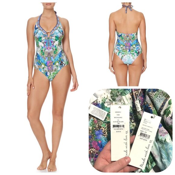 NWT Auc CAMILLA HALTER ONE PIECE "Moon Garden" o ring detail  SWIMSUIT XS - Picture 1 of 12
